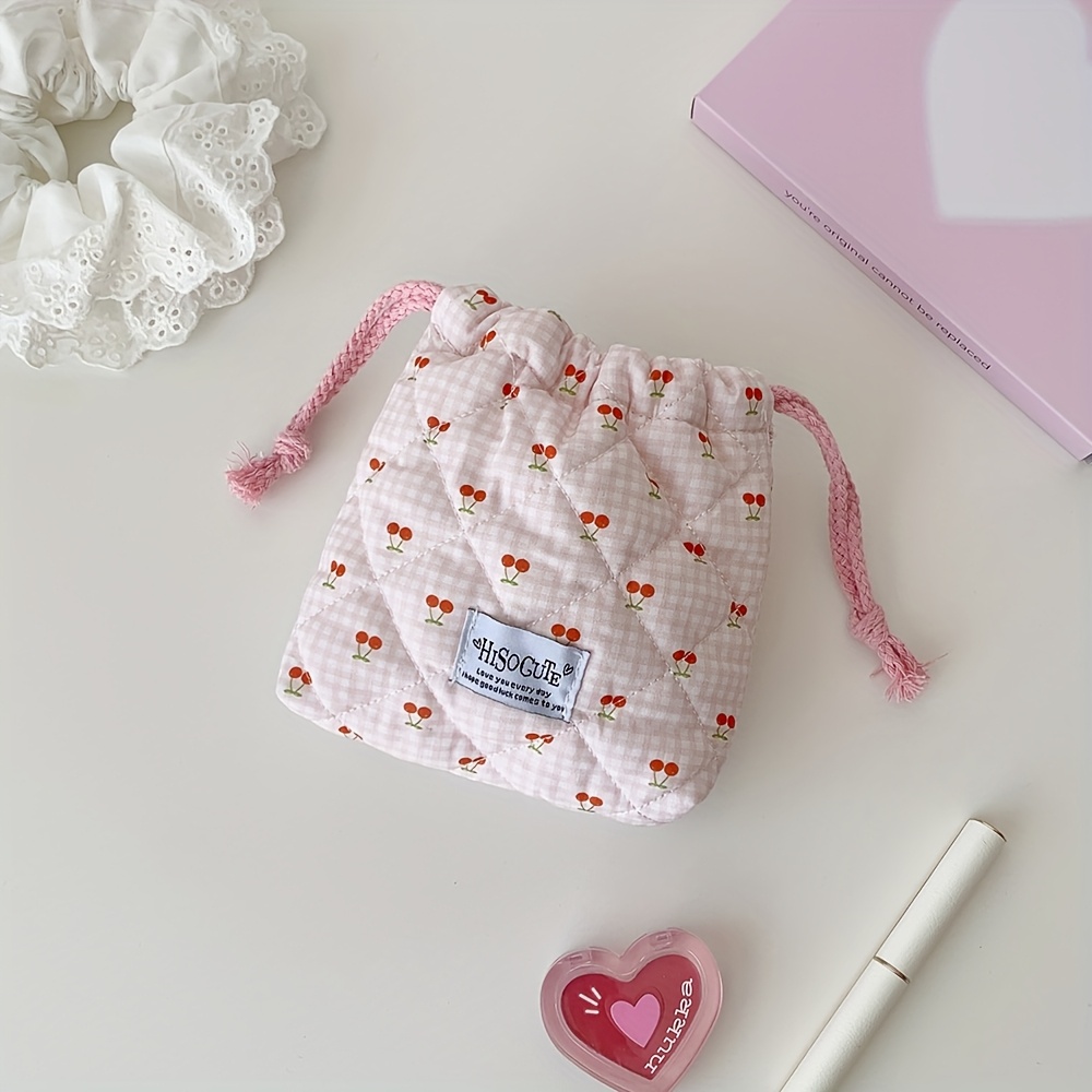 E-shop Kleine Kirsch-Zugbeutel, niedliche Quilt-Aufbewahrungstasche, tragbarer Reise-Organizer, farbecht, faltbar, tragbare Make-up-Tasche,