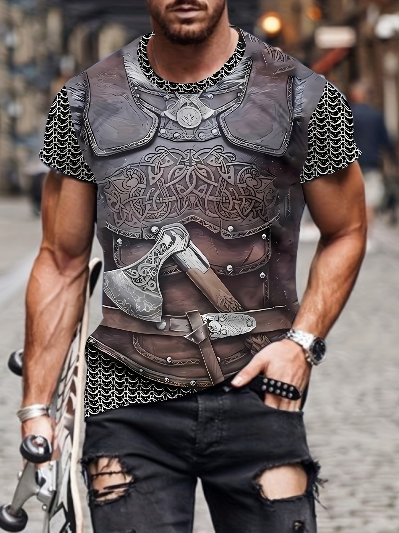 *'S Retro Print T-Shirt Style, Stretchy Polyester, Crew Neck, Short  Sleeve, Summer Tee with Axe and Sword Design, Adult Tshirt