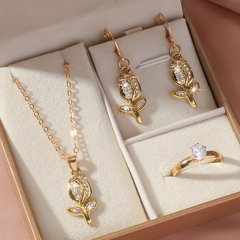 E-shop 4-teiliges elegantes Set: Einfache Blumenkette, Ohrringe Ring – Trendige Retro-Accessoires für Damen zum , Feiern oder Urlaub