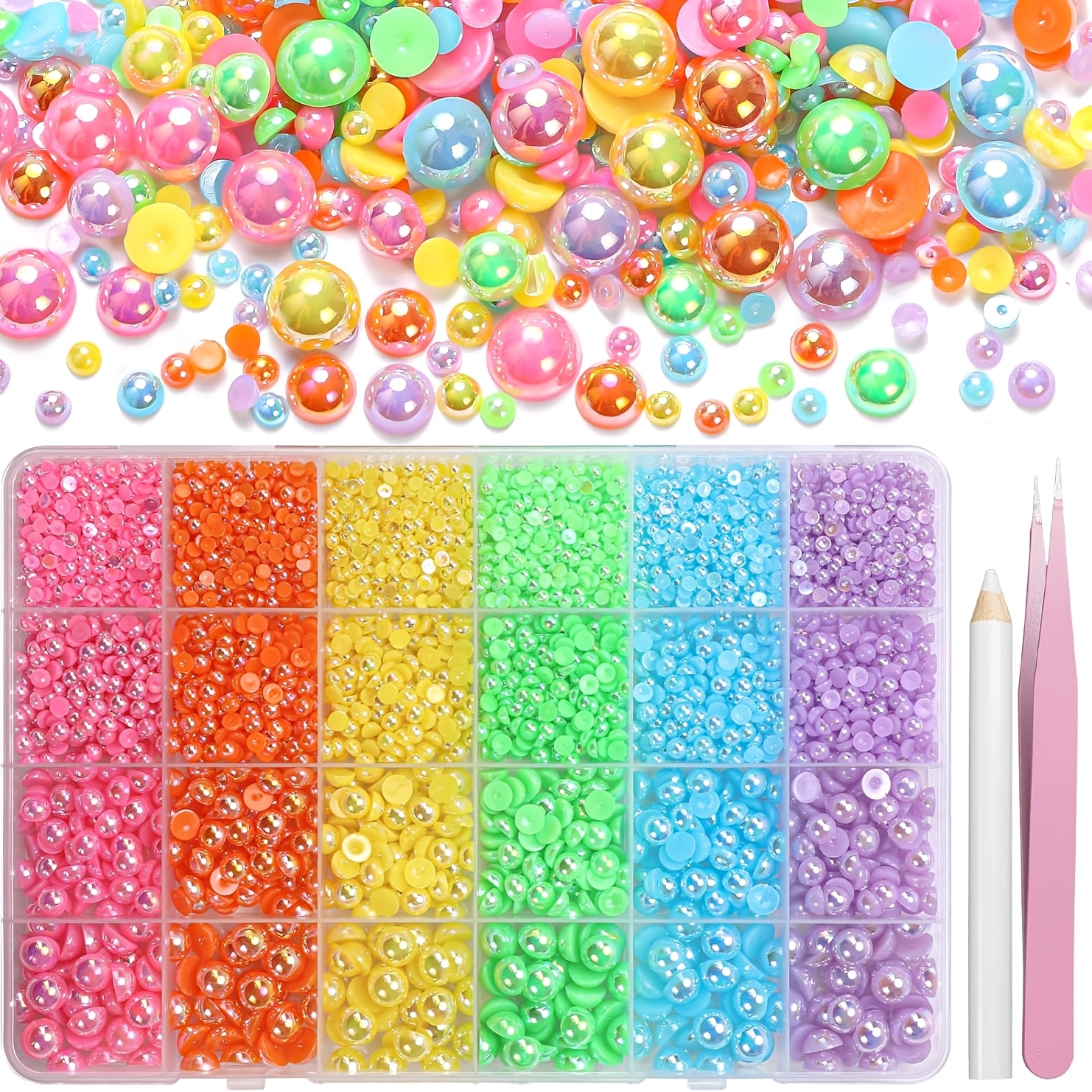 TEMU 9000pcs Flatback & Gems Suitable For Nails Art Crafts, Half Round Abs Beads With Pink/yellow, Green, Blue, Purple Colors, 3-8mm Bedazzling For