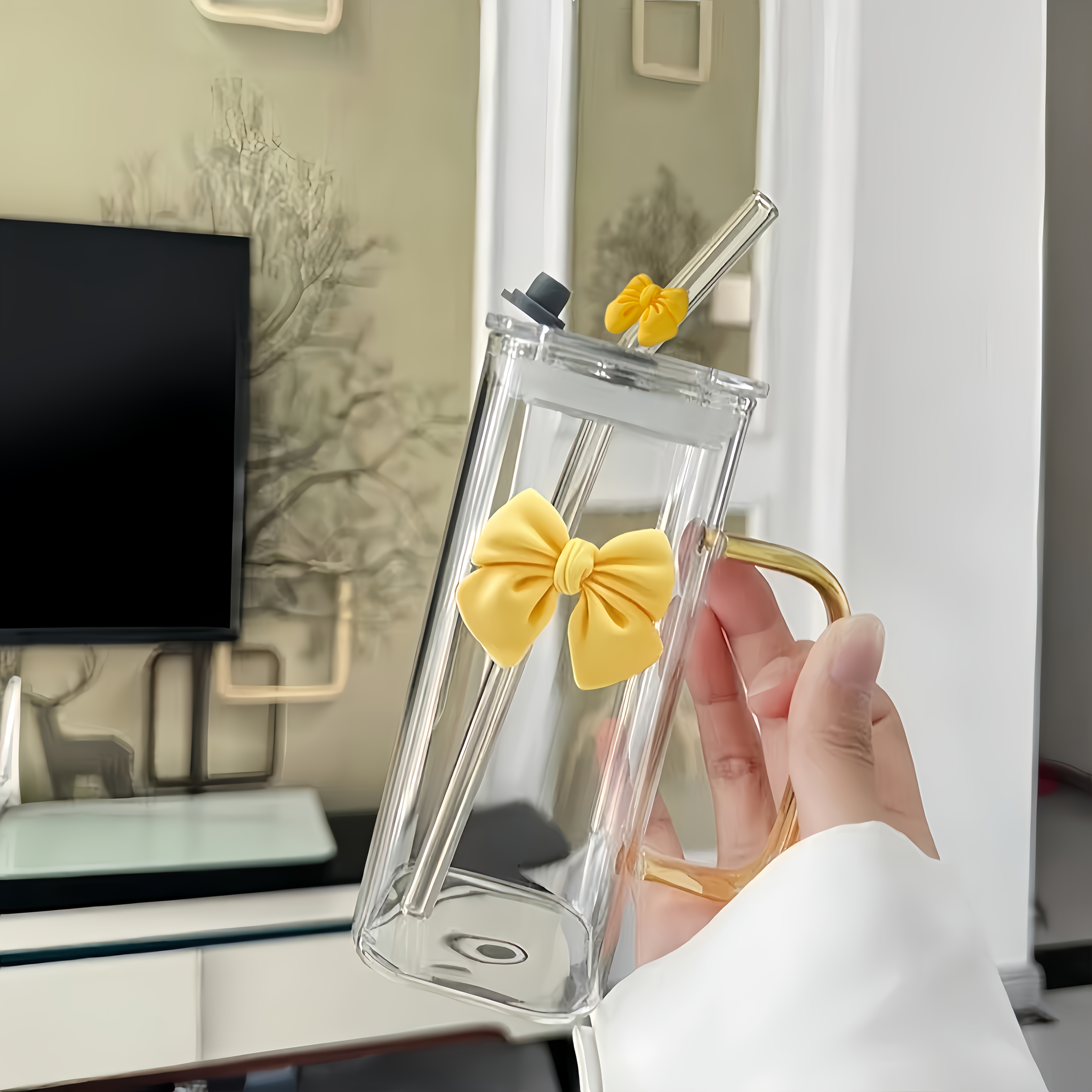 TEMU Gobelet en verre élégant avec motif papillon, 350 ml/12 oz, avec paille et poignée, tasse esthétique réutilisable pour , jus, lait, facile à