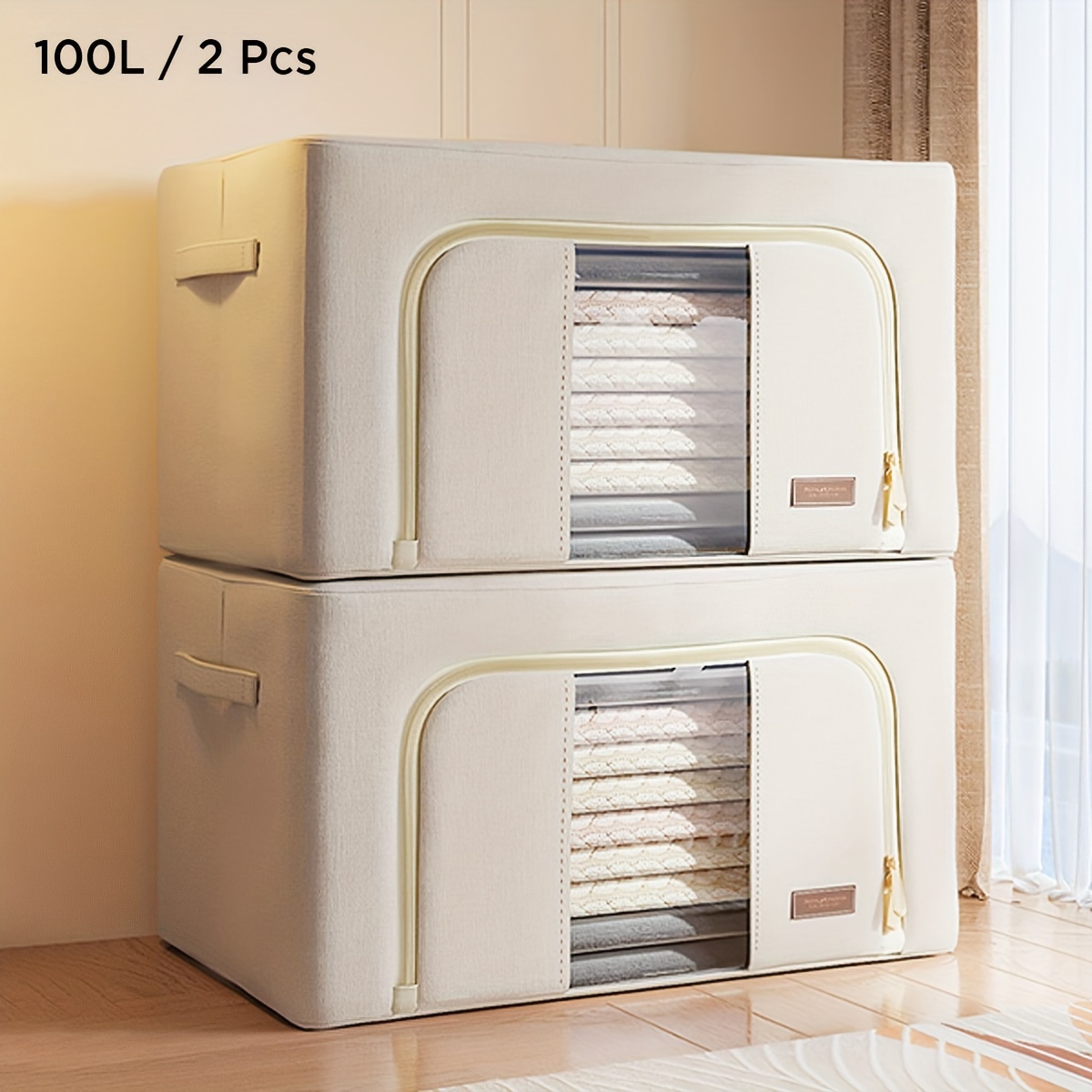 TEMU Storage Bins With Reinforced Handle And Clear Window 2pcs Clothes Storage Bins - Foldable Metal Frame Storage Box - Stackable Linen Fabric