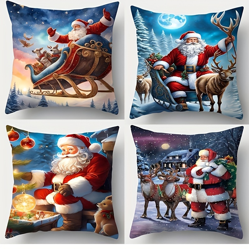 

Christmas Santa And Reindeer Throw Pillow Covers Set Of 4, Soft Short Plush Holiday Cushion Cases, Zippered 17.7x17.7 Inch, Machine Washable, For Home Office Car Decor - Contemporary Style Polyester