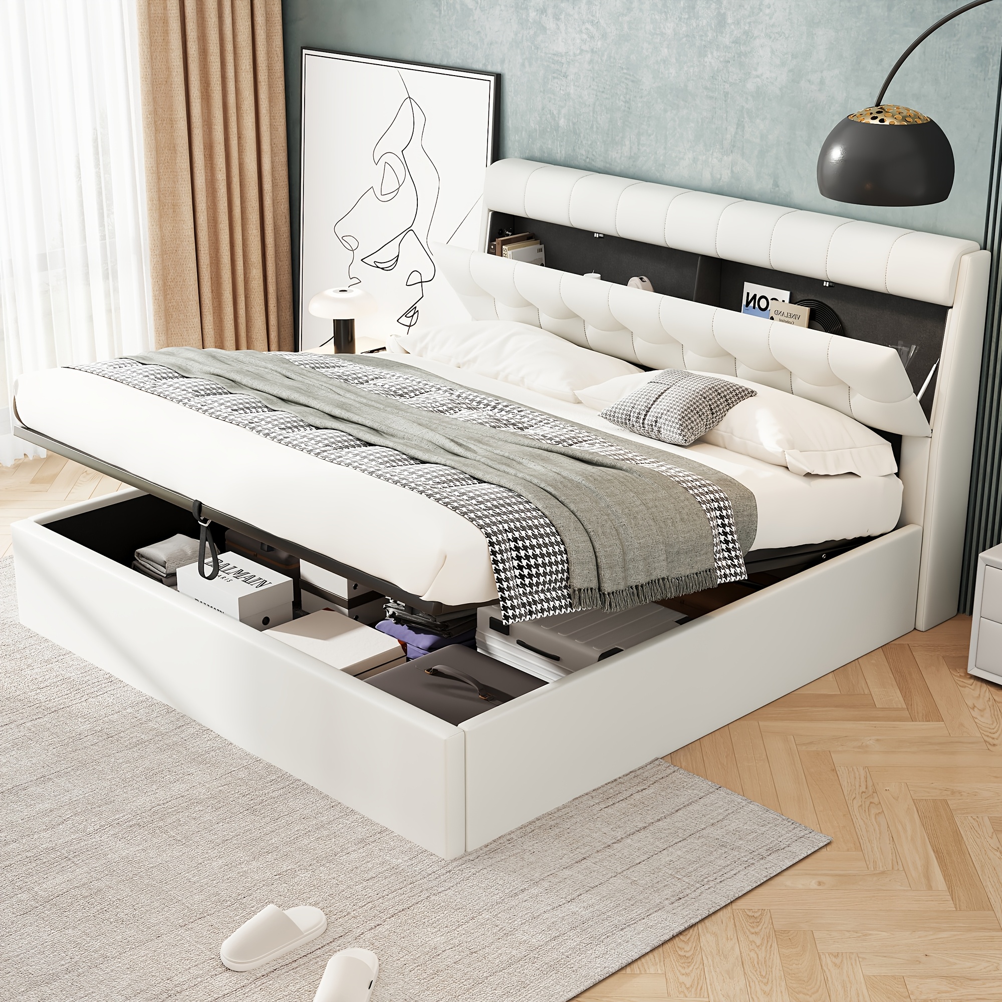 TEMU Stylish Upholstered Pu Leather Bed | 160x200 Cm, , Hydraulic Lift Mechanism, Hidden Storage In Headboard, Under-bed Storage, Mattress Not