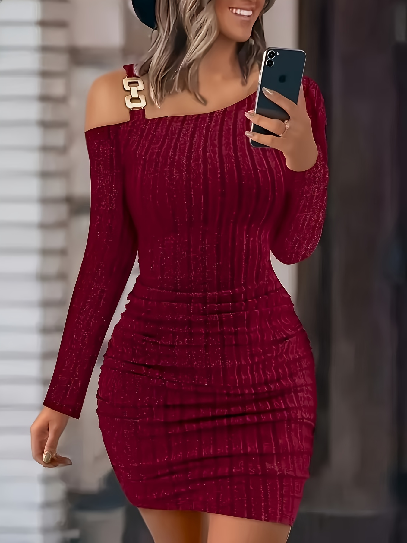 女士优雅露肩包身连衣裙 - 高弹力伸缩面料，中长款长袖，深红色纯色，可机洗适合秋冬季 商品详情 6