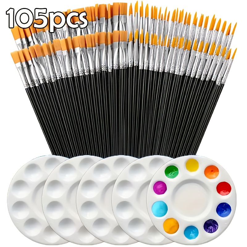 TEMU A Set Of 100 Paintbrushes Featuring Mixing Trays, Comprising 50 Flat And 50 Pointed Nylon Bristle Brushes Ideal For Acrylics, Watercolors, Oil