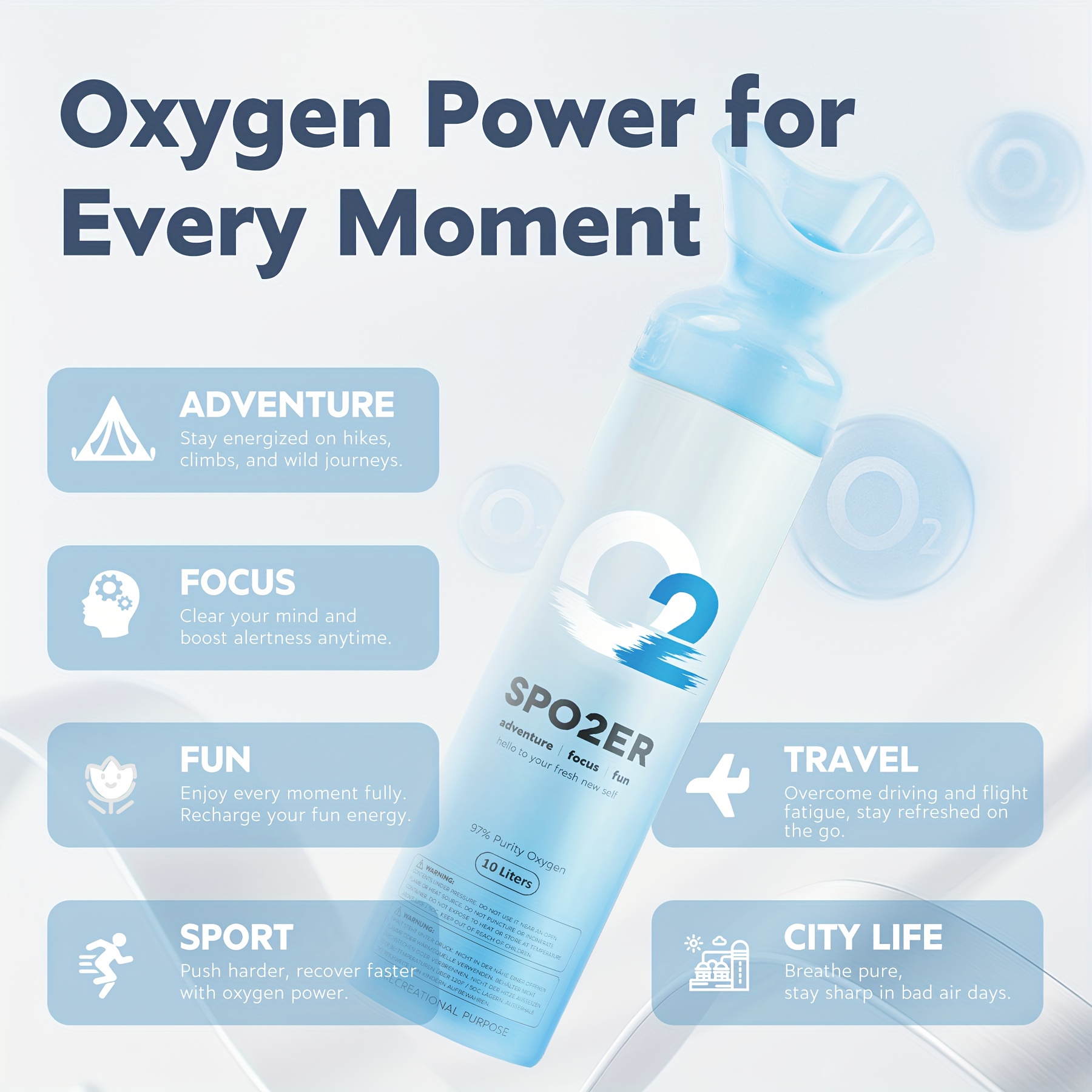 Spozer Oxygen 10 Liter Canned Oxygen (6 Pack) Featuring a Built-In Mouthpiece, 97% Pure O2, Suitable for Sports, Exercise, High Altitude Activities, And Recovery, Tasteless