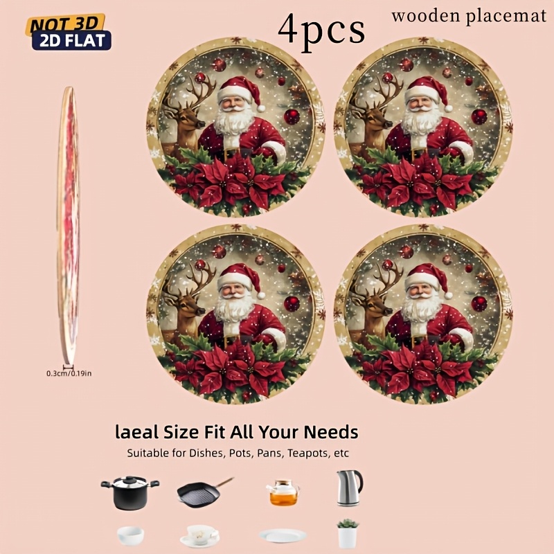 TEMU Set Of 4pcs 2d Flat Christmas Themed Round Wooden Placemats Printed With Santa Claus, Reindeer Patterns, And Poinsettia Designs, Tabletop