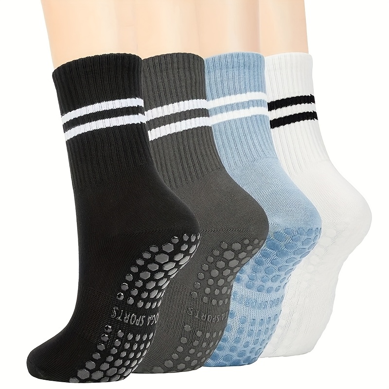 TEMU Pack de 4 Chaussettes de Gym Anti-Dérapantes - Semelle Rembourrée Invisibles, Bas Antidérapants pour Femmes & Hommes - Rayés Noir// - pour