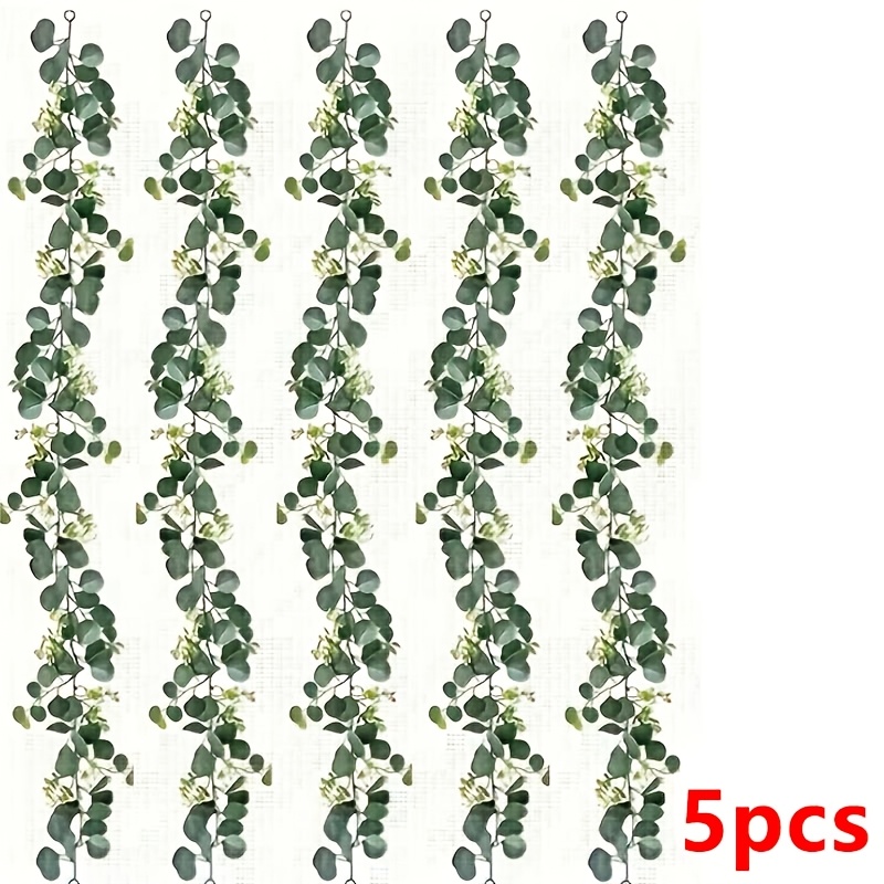 Image of 5pcs, Faux Eucalyptus Garland With White Flowers, 5.9ft/180cm Silvery Leaves Gypsophila Garland, Artificial Greenery Vines For Wedding Party Mantle Table Runner Home Decor Offices Decor Summer Decor