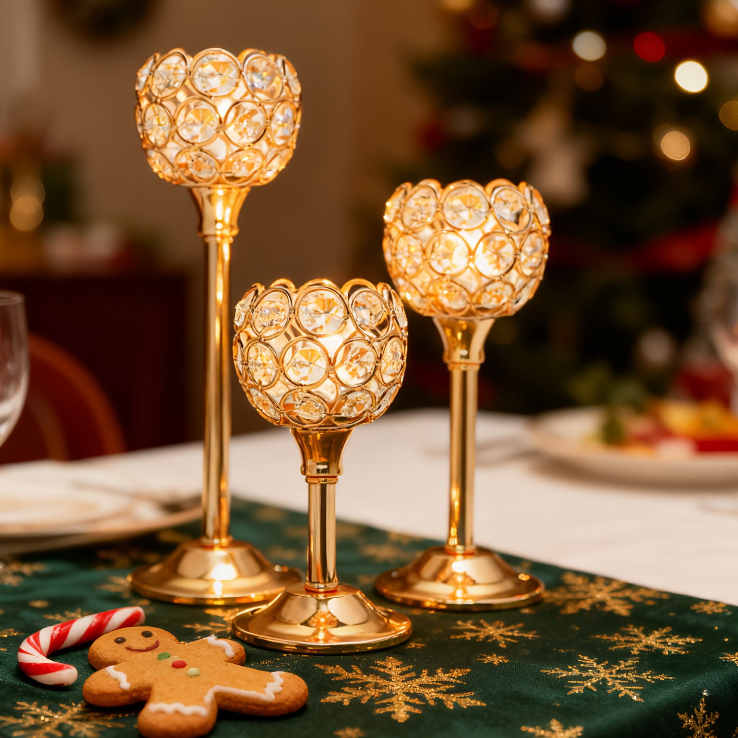TEMU 3pcs Set Crystal & Metal Candle Holders - Windproof, Perfect For Christmas, Halloween Table Decor, Romantic Dinners, Wedding Anniversaries, Home