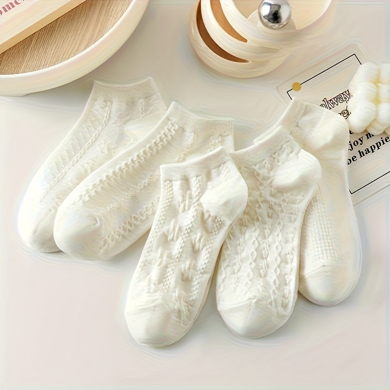 E-shop 5 Paar Frühlings-/Herbst-Blumenmuster-Socken, bequeme, atmungsaktive Damensocken, reine weiße Kabelsocken, lässige, bequeme, vielseitige