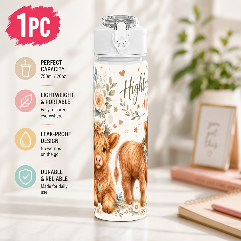 TEMU 1pc Highland Cow Floral Plastic Straw Water Bottle, 750ml Travel Cup, Minimalist Look, Lightweight Portable With Open, Direct Drinking Straw,