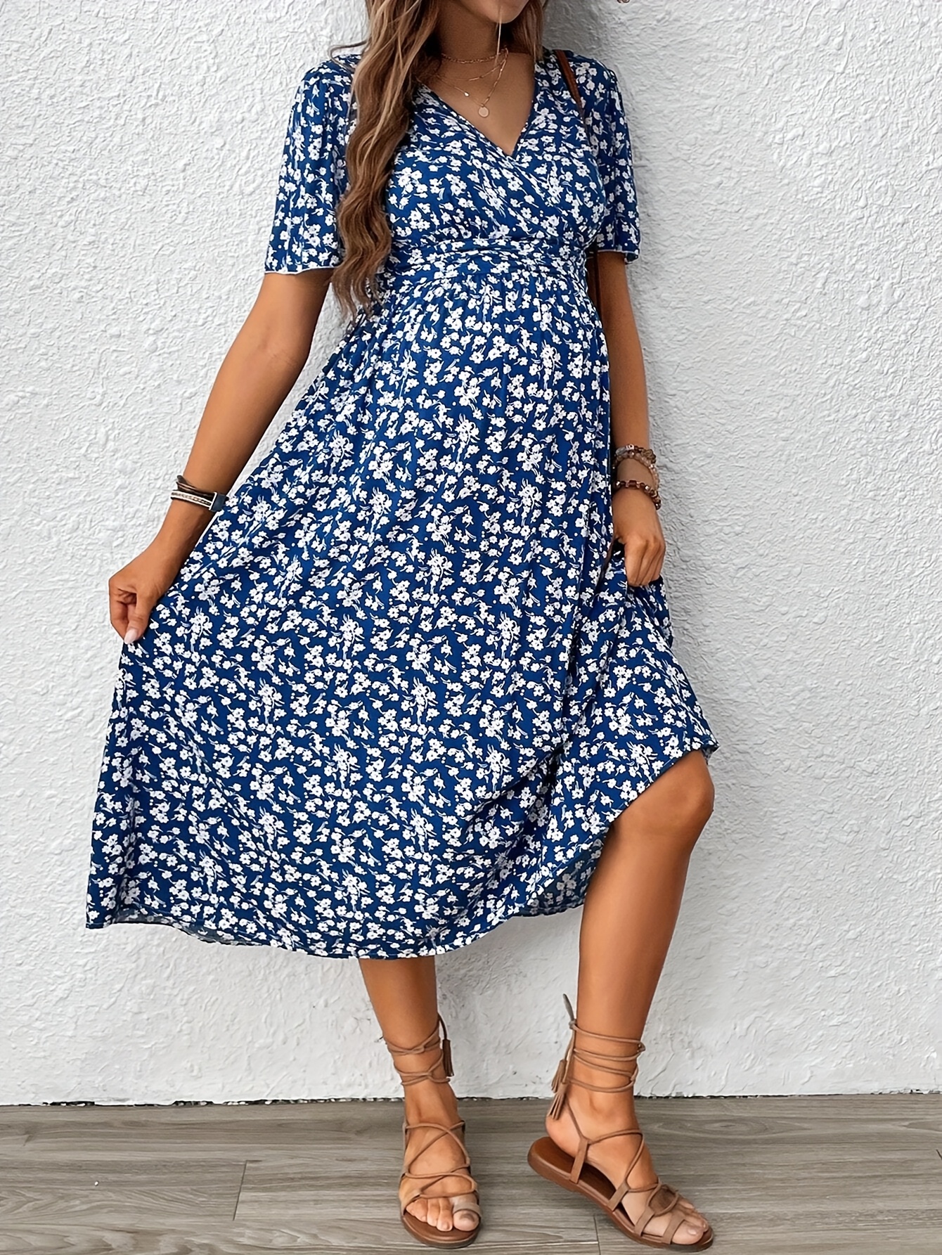 maternity summer dress blue floral print v neck short sleeve