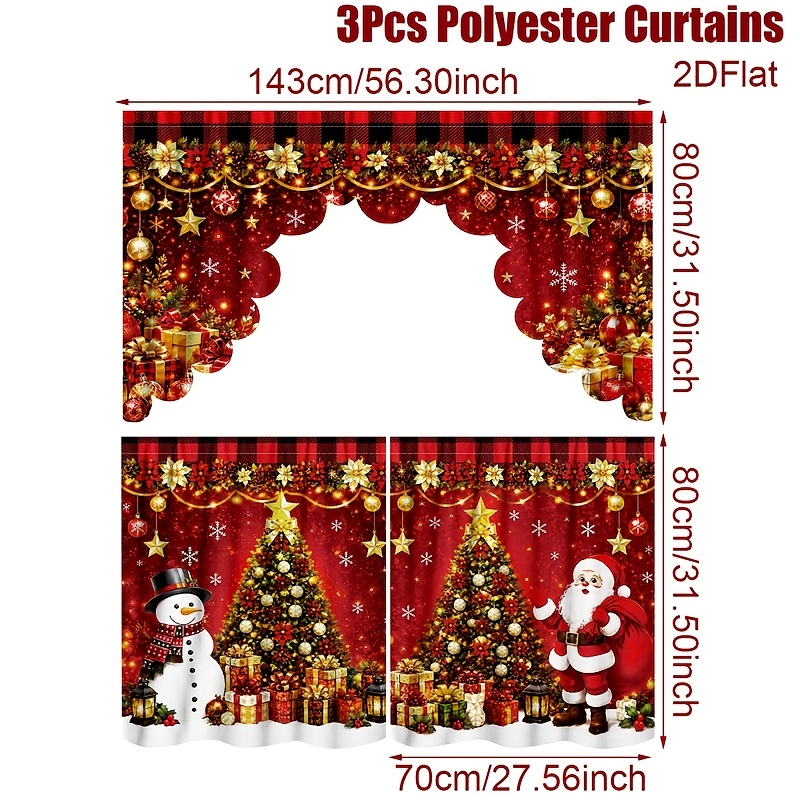 TEMU 2d Flat - 2d Flat - 2d Flat, 3pcs, Christmas Kitchen Curtains, Santa Claus And Christmas Tree Patterns Red Valance And Tier Curtains, Kitchen