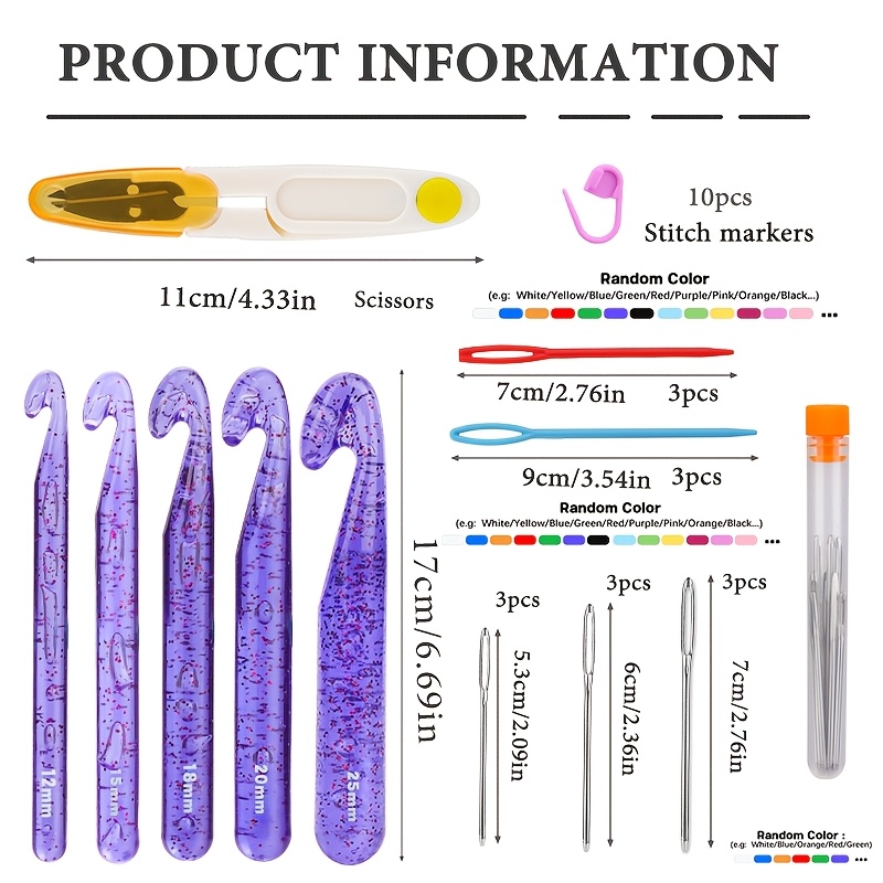 TEMU Purple Glitter Transparent Large Crochet Hooks, 12mm-25mm Oversized Crochet Needles For Thick Yarn, Knitting Tools With Markers And Needles