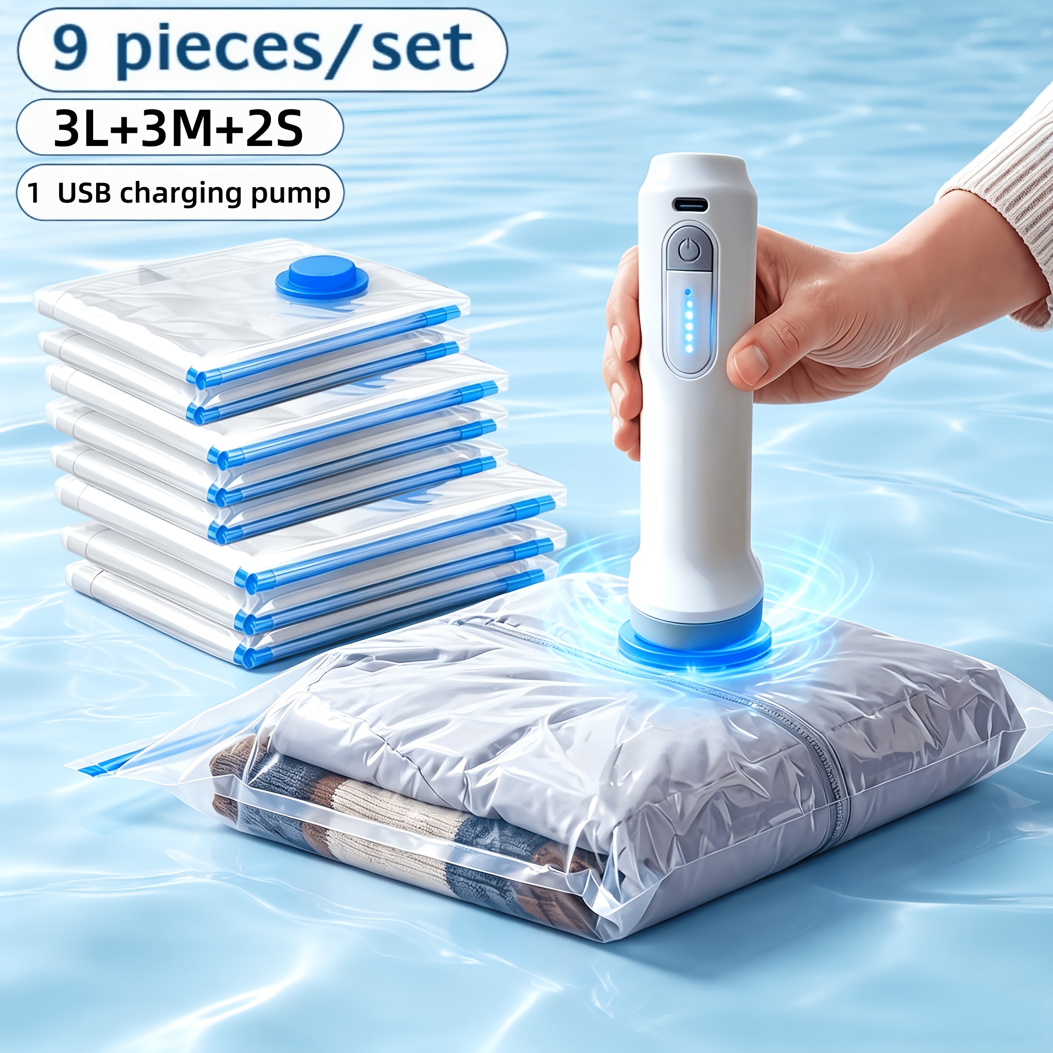 TEMU 9pcs/set Vacuum Storage Compression Bag Set And Rechargeable Handheld Electric Vacuum Pump, Reusable Vacuum Sealing Bags For Clothes, Blankets,