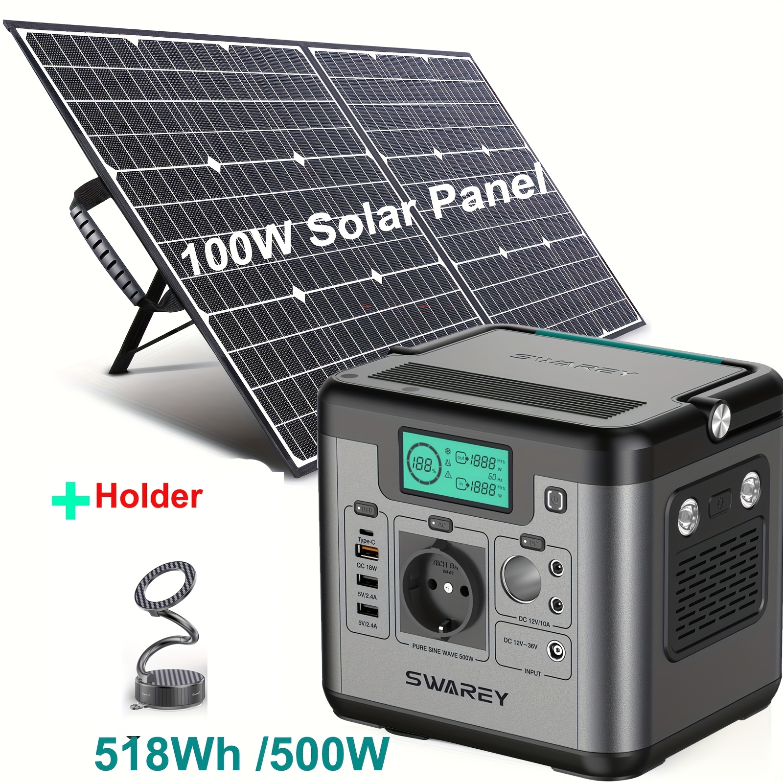 Image of Swarey Power Station Bank 518wh With 100w Foldable Solar Panel, 500w ( 1000 W) Lithium Battery, Solar Power Bank With 230v Ac, Usb-c Pd 65w