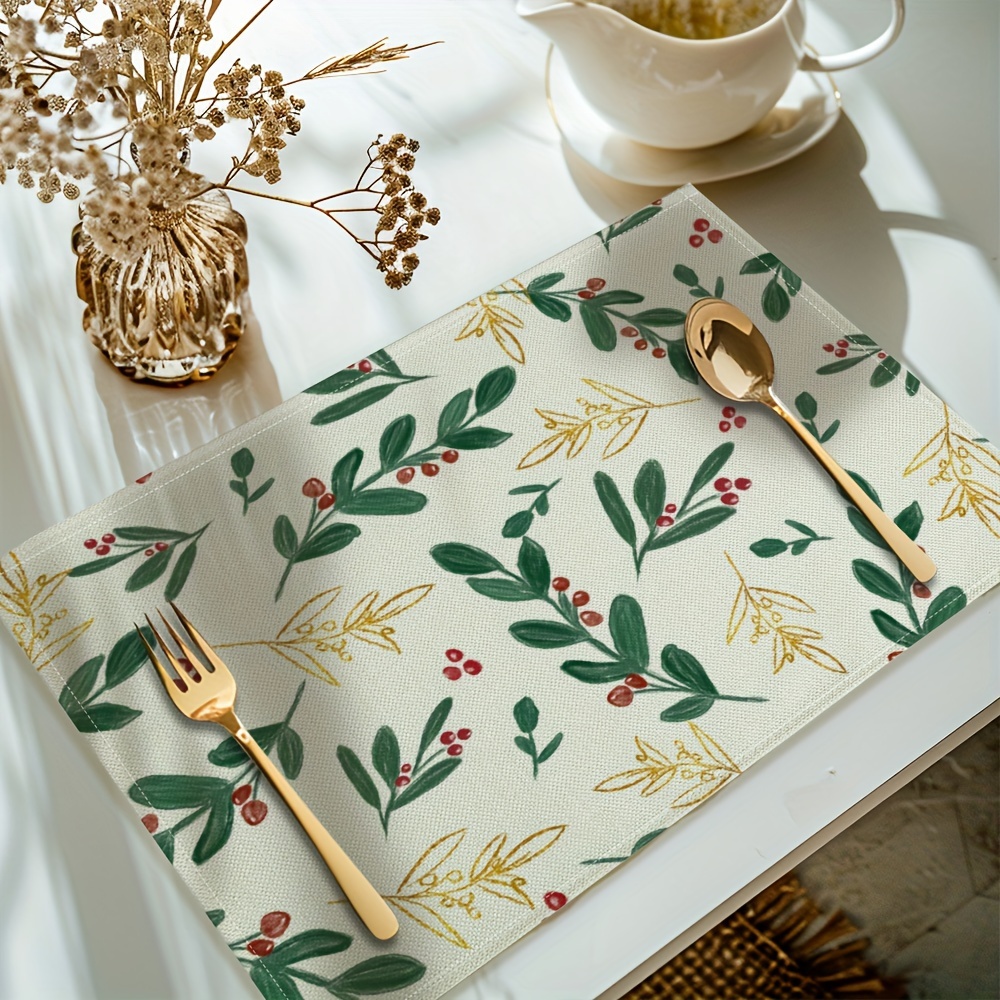 

4pcs Set Christmas Placemats - Berry & Eucalyptus Design, Heat-resistant Linen Table Mats For Holiday Dining & Decor, Washable, Kitchen Tablemats, Dinner Party, Christmas Decor