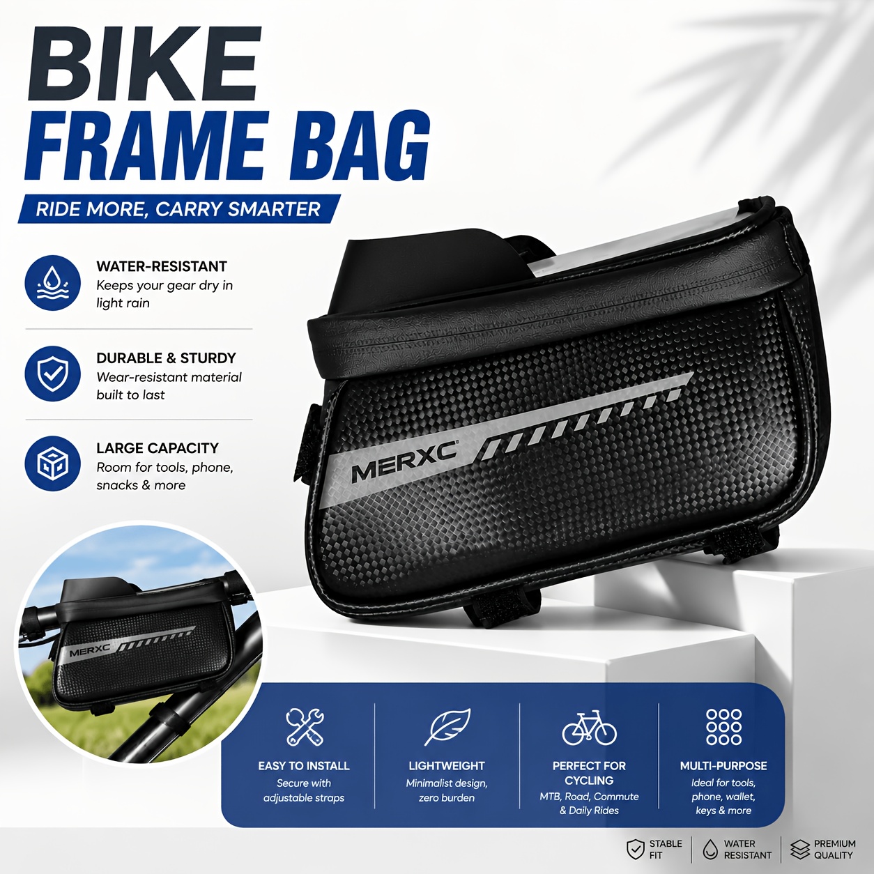 TEMU 1pc Large Capacity Bike Cycling Bag With Phone Holder & Reflective Design Suitable For, Mountain, Commuting, Outdoor Storage For Smartphones,