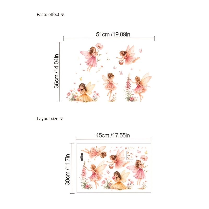 TEMU Nursery Wall Stickers, Watercolor Pink Tulle Fairy Petal Combination Self-adhesive Wall Decals, Gentle Forest-style Girl Patterns