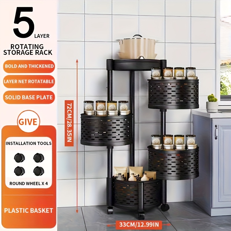 Image of 1pc 4/5/6-tier Jiajieshi Rotating Kitchen Storage Rack, No Installation Storage Basket, With Wheels Movable Rotating Storage Cart, Round Kitchen Storage Cart, Bathroom Floor-standing Storage Basket