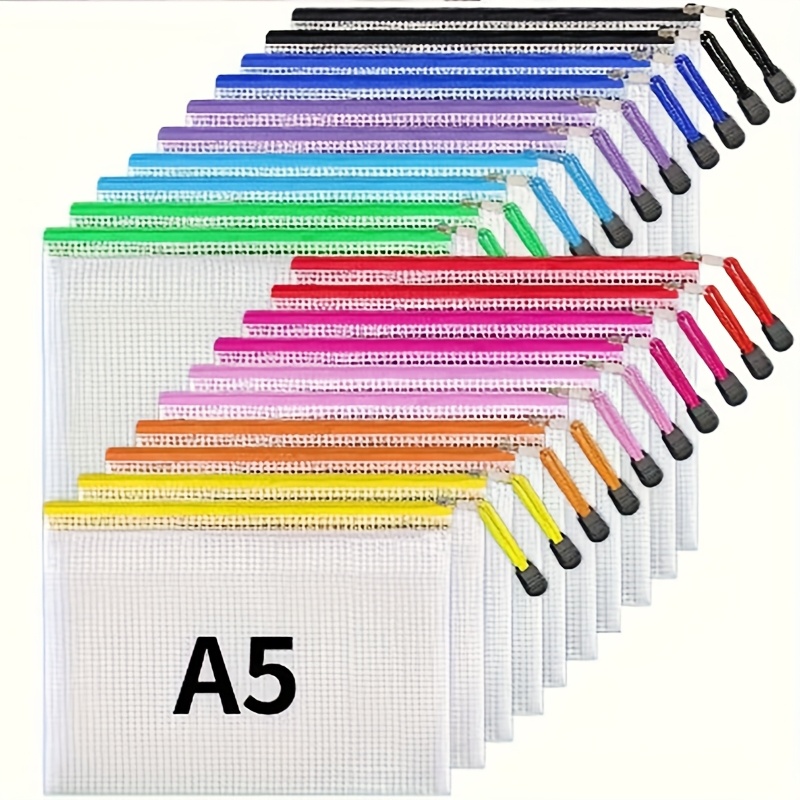 TEMU 20-pack Multisizes(a4/a5) Mesh Zipper Pouch,random-color With Zipper Pull & Handles - For Documents/office Supplies/puzzle Craft Storage
