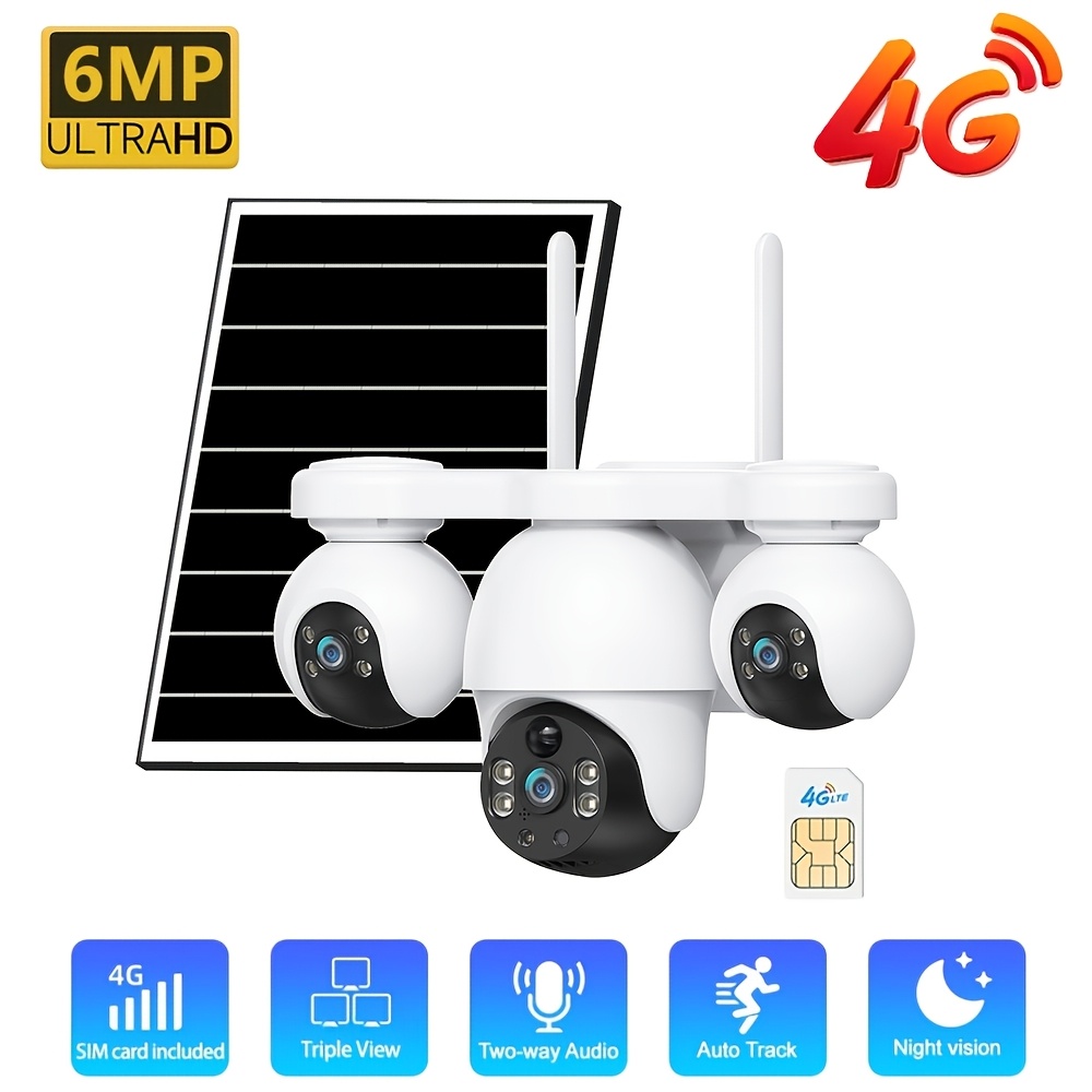 Image of 6mp 4g Solar-powered Outdoor Security Camera Not Supporting Wifi, Three-view, Ptz 360° Pan/tilt Rotation, Built-in Sim Card, Pir Human Detection, Tracking, Night Vision, Audio, Alarm Push