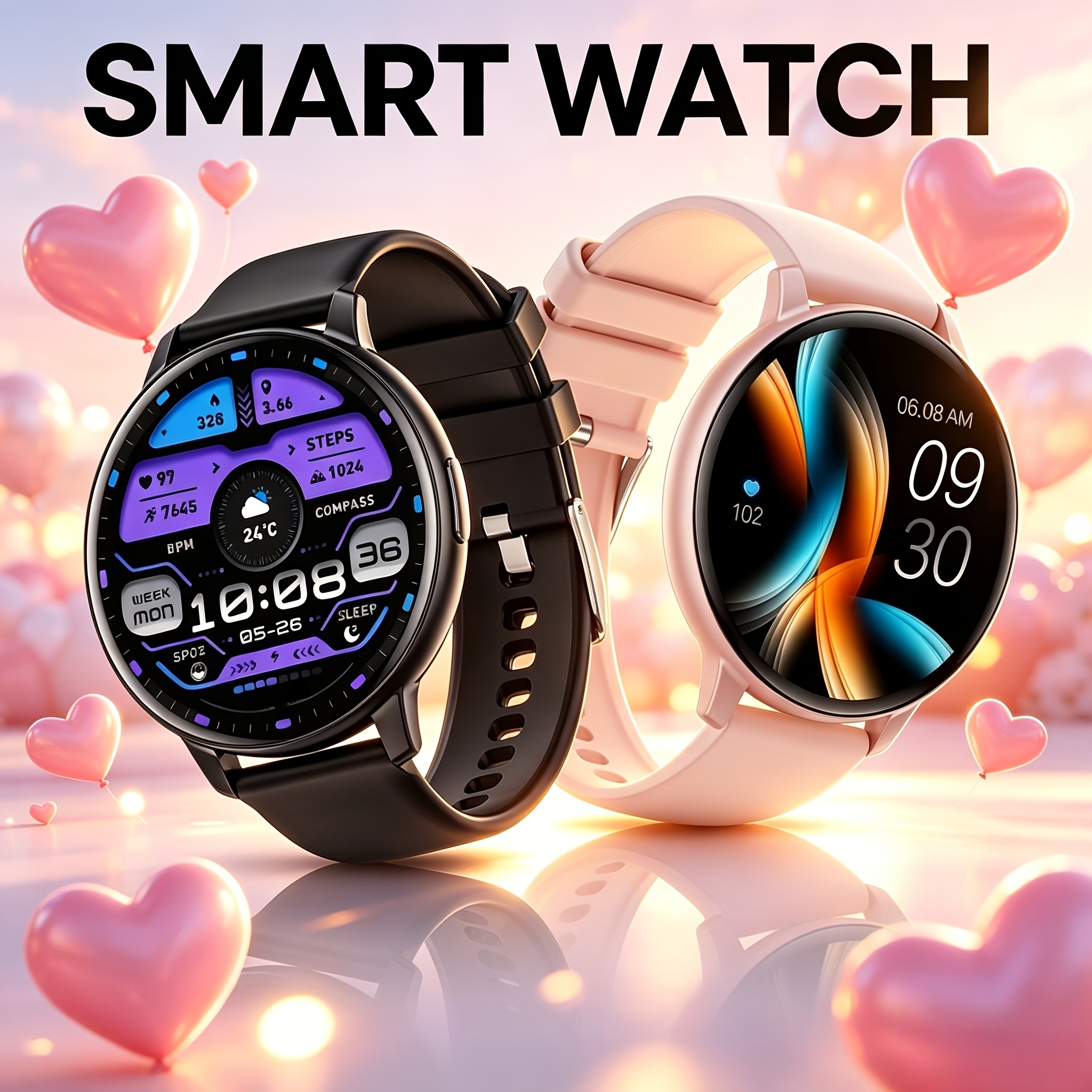 Image of 2pcs Round Smart Watch For Couples, Wireless Calling/, Female-specific Functions, Sleep Monitor, 19 Sports , Music Player, Pedometer, Perfect Birthday Gift For Men And Women, Compatible With & Ios