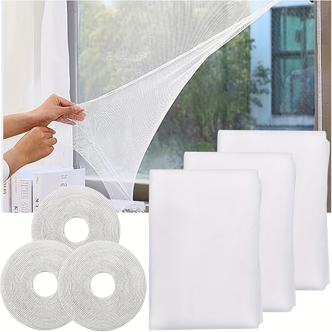 E-shop 3er-Pack Fliegengitter für Fenster, Insektenschutznetze 1, x 1,5m, inkl. 4 Rollen selbstklebendem Klebeband, Reinigungsbürste, Weiß