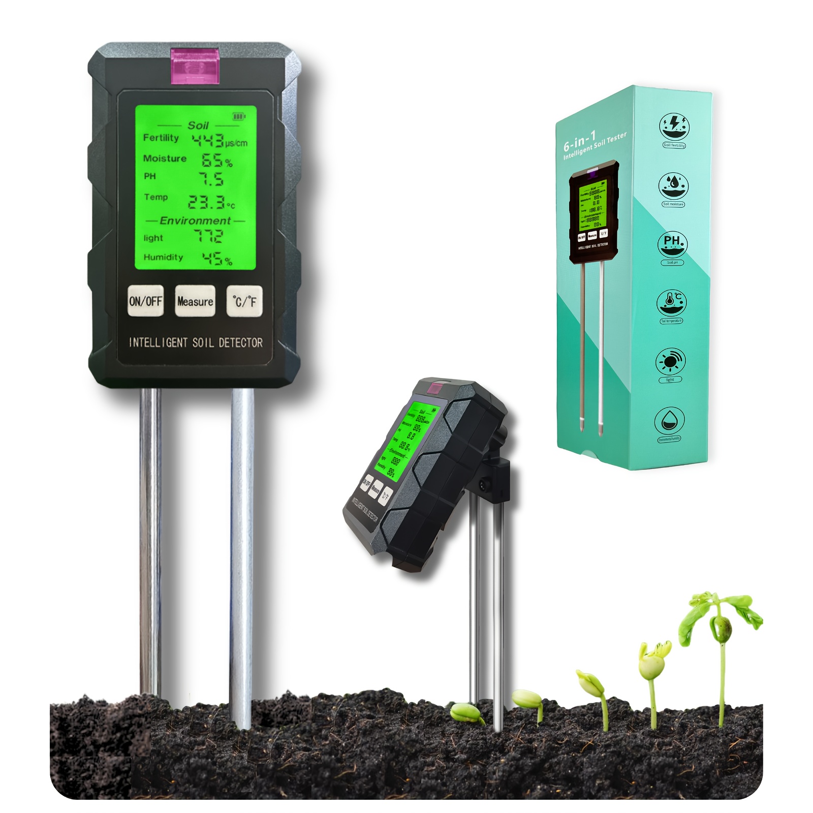 

6-in-1 Soil Meter For , Moisture, Ph, Temperature, Light, Humidity - & Full Data Readings Digital Display Soil Tester With Sensitive Probes - For Plant, Garden, Indoor, Outdoor