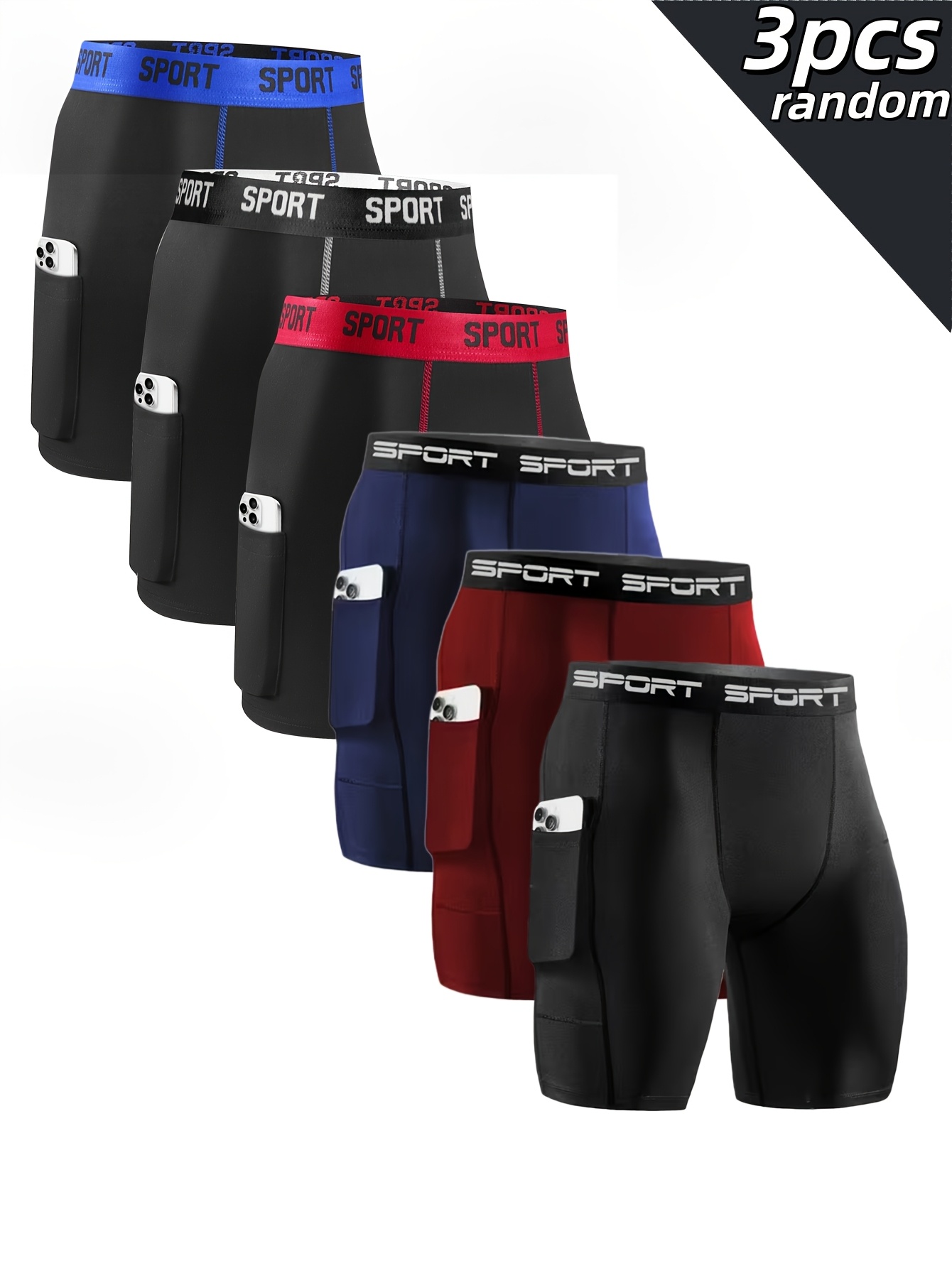 item picture 3pcs random mens athletic running boxer briefs with pockets quick dry stretch compression shorts for sports gym breathable polyester spandex blend mesh lining for   athletic boxers   functional pockets boxers for men