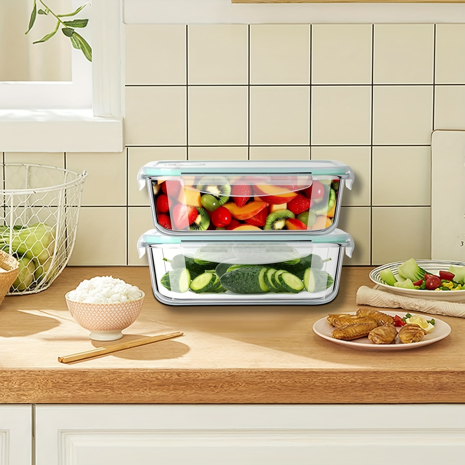 유해물질이 없는 유리식품용기 세트: 2 x 640ml, 6 x 1520ml, 4 x 2260ml, 4 x 370ml/640ml/1040ml/1520ml, 전자레인지 & 식기세척기 안전, 뚜껑 잠금장치, 냉장고 & 냉동고 보관에 적합