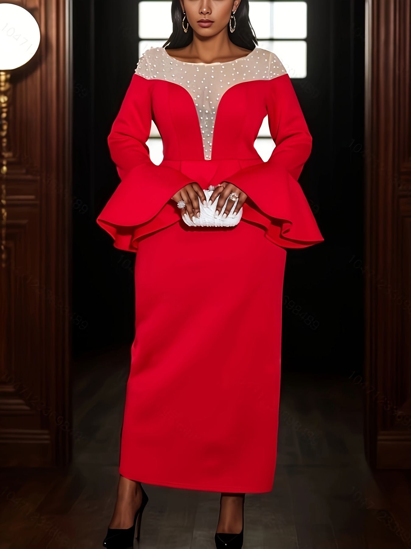 Women's Elegant Beaded Formal Party Dress with Long Flare Sleeves Vibrant  Red *-Length Bodycon Mermaid Gown, Round Neck Hem for Weddings,