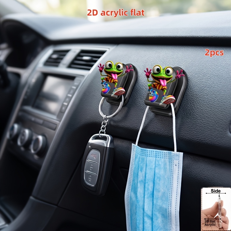 TEMU 2d Flat, 2pcs Universal , Trendy Hip- Pattern, Multi-functional Adhesive Car Storage Hooks, For Hanging Keys, Usb Cables, Dashboard Strong