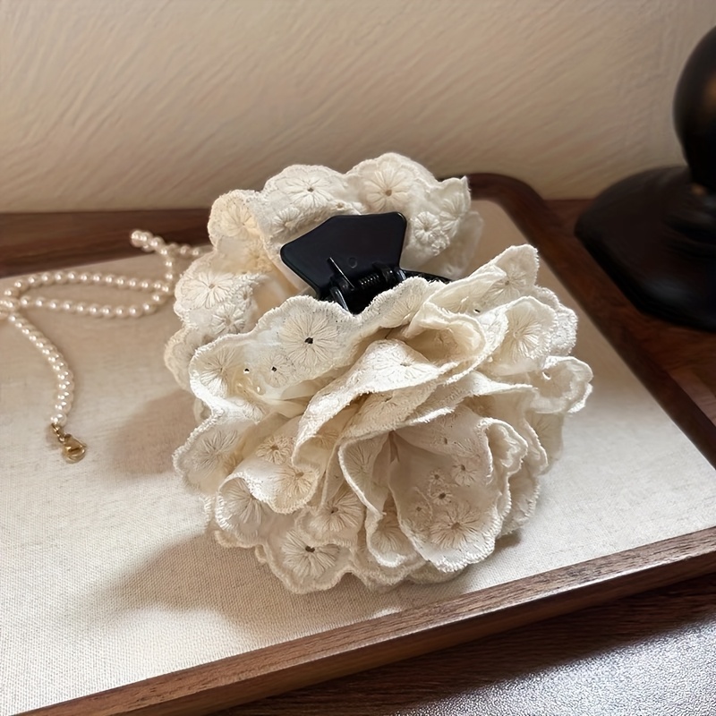 TEMU 1pc Spring/summer Women's Sweet And Elegant Fabric Artificial Flower Hair Claw Clip, Gentle Vintage Beige Double-sided Rose Hairpin, Crab Claw