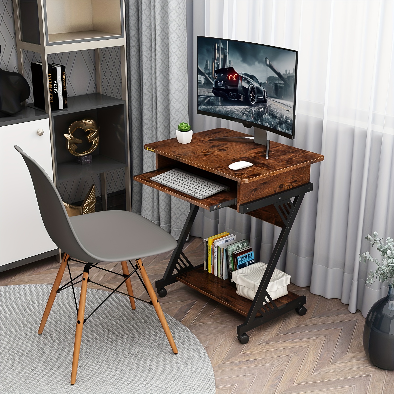 YQ FUNLIS Computer Desk Workstation With Smooth Keyboard Tray, Z-Shaped Study Writing Desk For Small Spaces Compact Table For Home Office, Small Computer Cart Mobile Laptop Cart