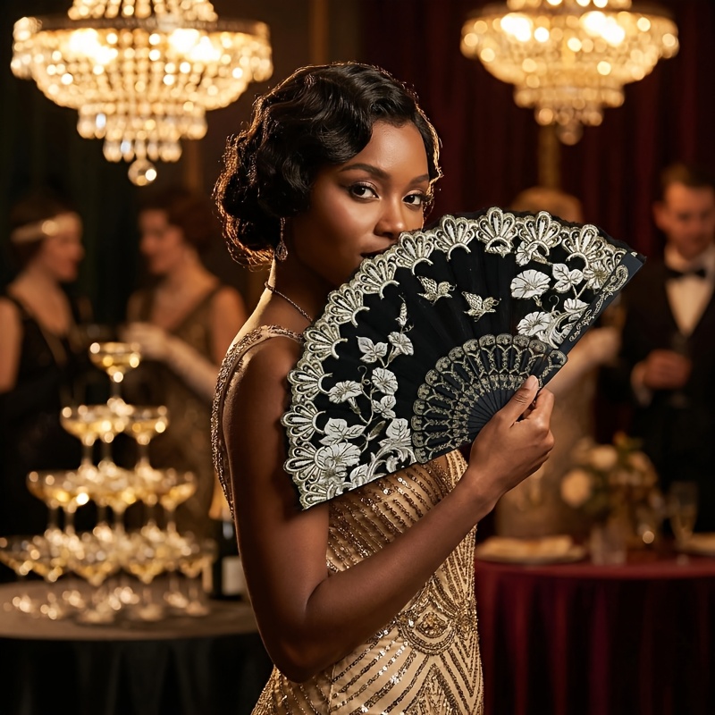 1pc Spanish Folding Vintage Pattern Hand Fan, Women's Handheld Chinese Folding Fan, Suitable For Parties, Dances, Weddings, And Home Decor (black)