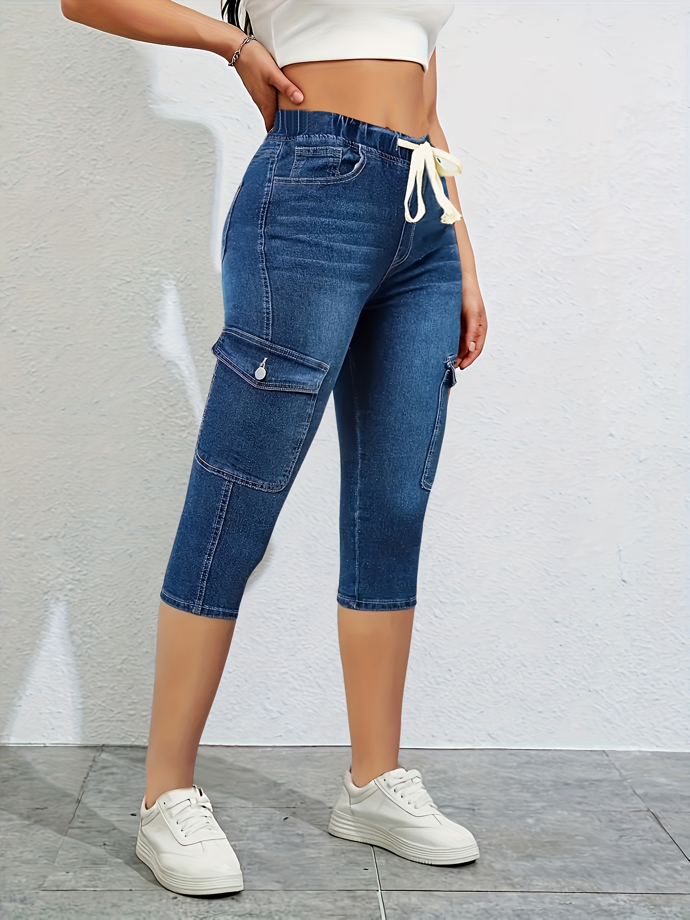 Shorts Jeans Casuais Plus Size Feminino Plus Sólido Elástico - Temu Portugal