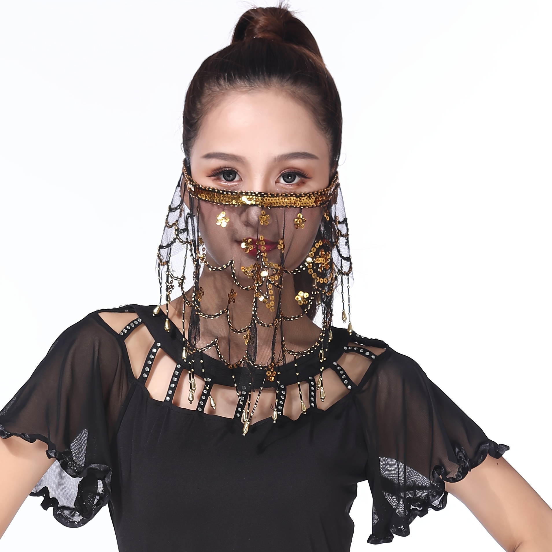 Elegant Belly Veil With Sequins, Polyester Performance Prop, Non-feathered Dance Costume Accessory For Indian Dance And Belly Dance Shows