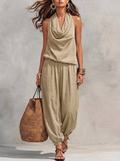 womens linen texture halter neck puff sleeve wide leg pants sleeveless breathable two piece outfit casual all match style with drawstring waistband and tummy control