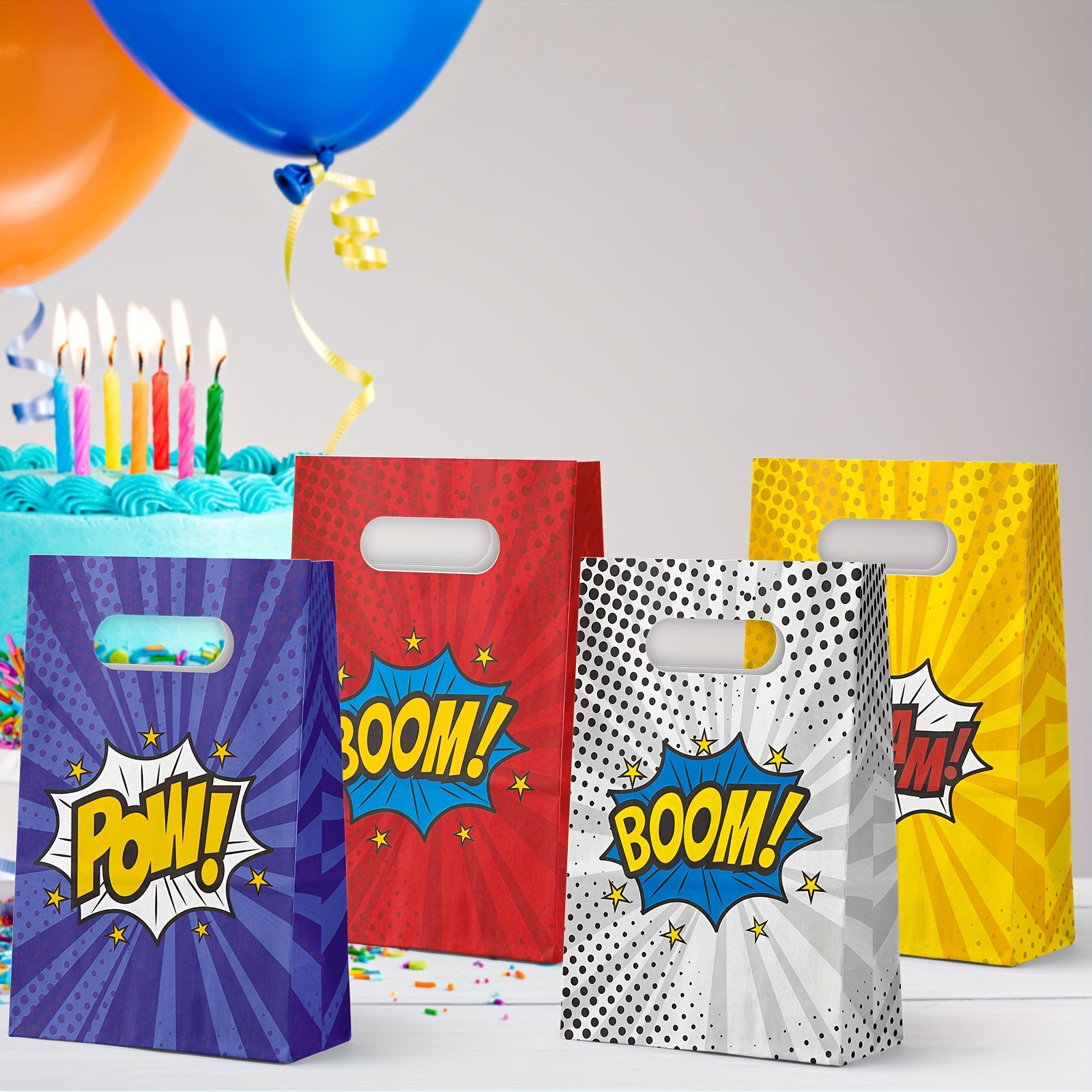 

Superhero Party Bags: 24 Recyclable Paper Bags With Comic Book Style Designs For Kids' Birthday Parties