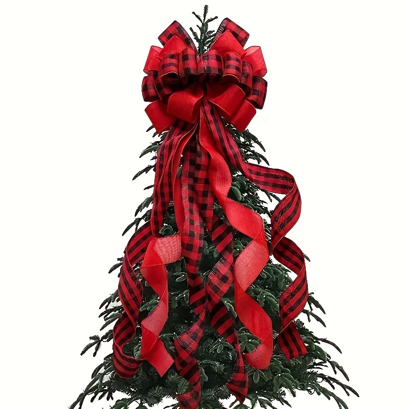 

1pc Red Black Buffalo Plaid Christmas Bow, Polyester, Festive Wreath Accent, Front Door Wall Fence Decor, Tree Topper For Winter Holiday Party Supplies