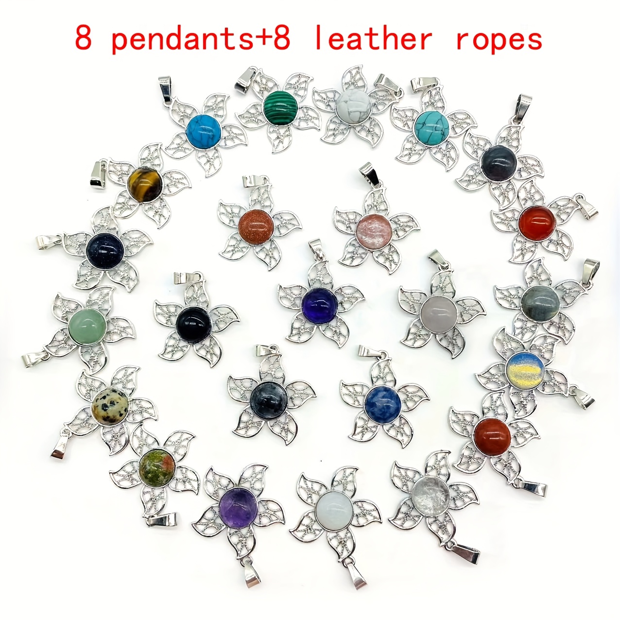 Set of 4 Natural Stone Five-Petal Flower Pendants