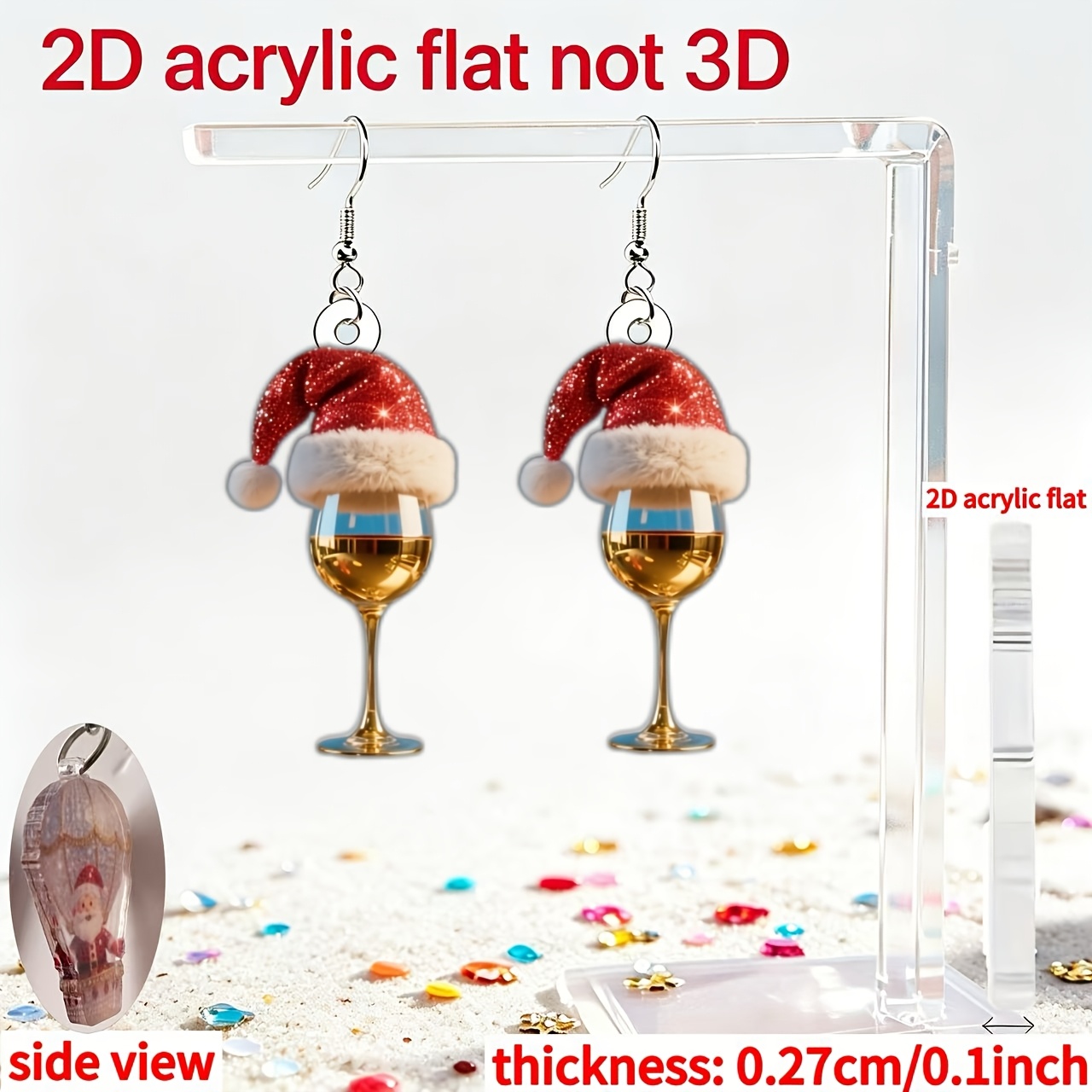 TEMU 2d Flat - [2d Flat] 1 Pair, 2026 New Style, 2d Acrylic Flat Earrings, Santa Hat And Wine Cup Pattern, Fashion Ear Jewelry, Women's Ear Jewelry