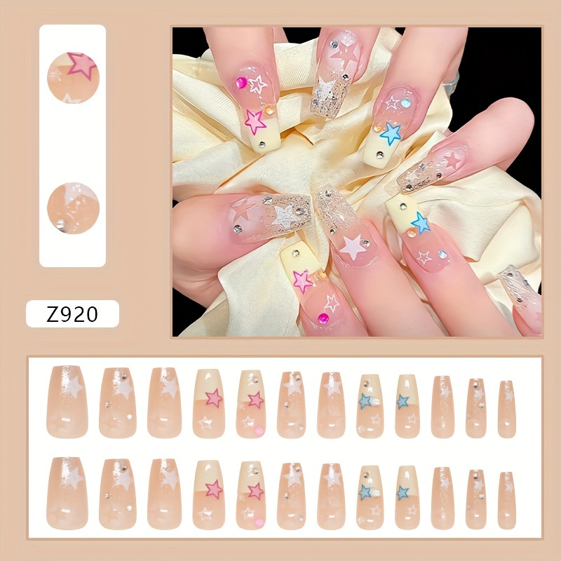 TEMU 24pcs Y2k Inspired Press-on Nails Set - Medium , Glossy Finish With Star & Rhinestone Accents, Mixed Colors