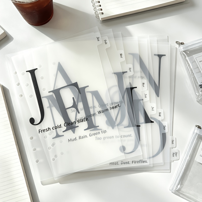 TEMU 12pcs Niche Premium A5 PP Pages Séparatrices Mensuelles, Slogans Anglais Imprimés sur Lettres, Décembre avec Étiquettes Latérales pour Ajouts de