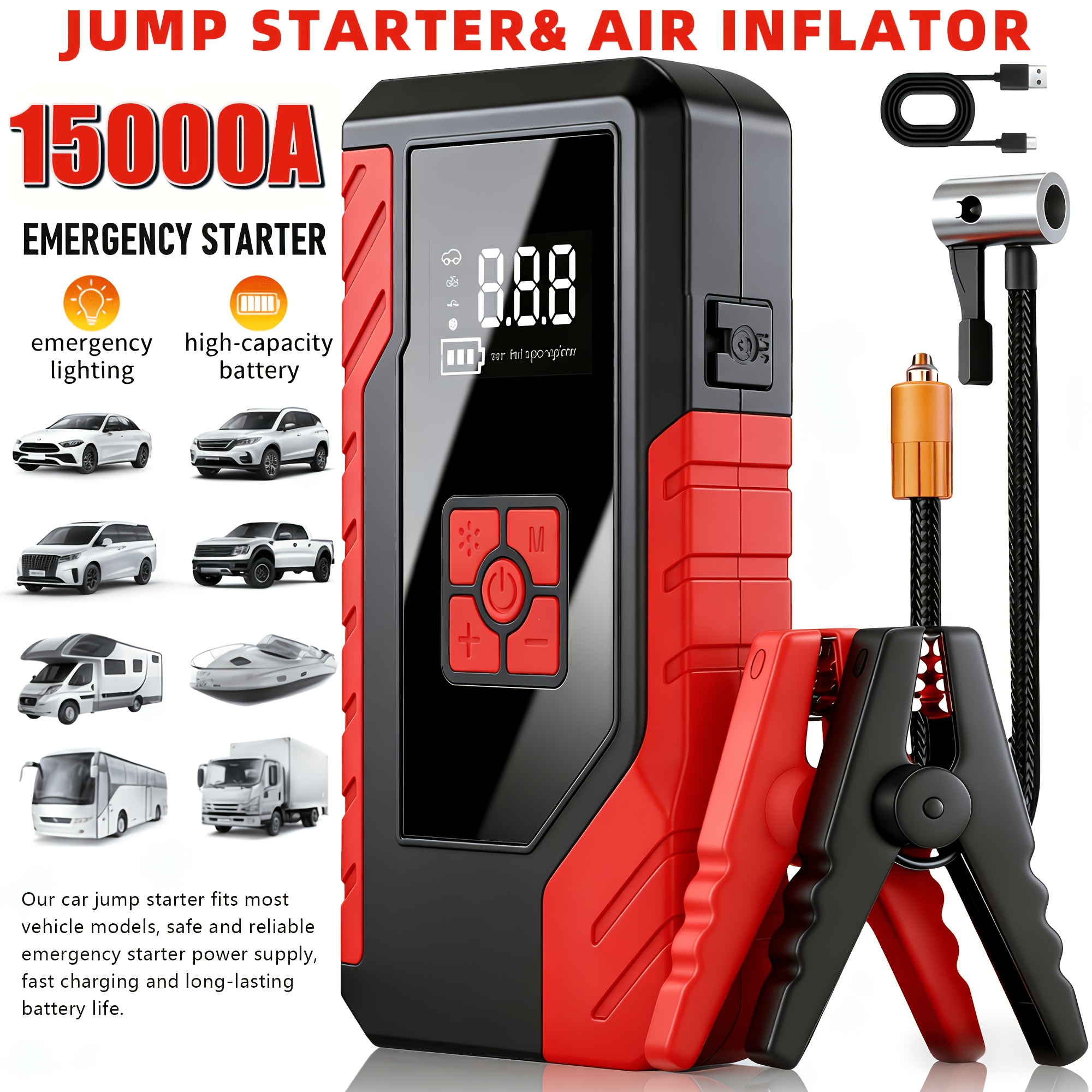 15, 000a 250 Psi 14.8v 10-in-1 Portable Emergency Jump Starter With Air Compressor, Car Battery Charger, Emergency Jump Starter With Inflator, Automotive Repair Tool, Led Light, Battery Charger