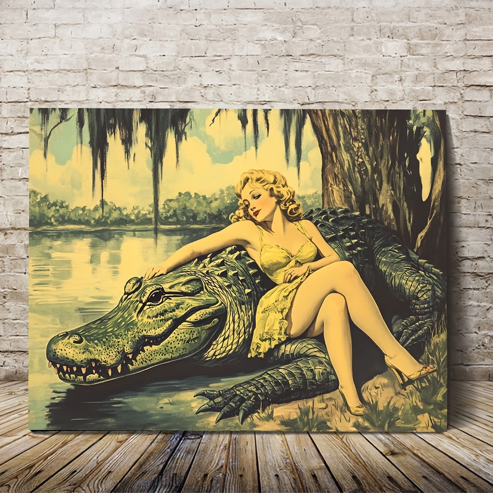 

1pc Vintage Alligator Lady Canvas Wall Art, 11.8x15.7in, Wooden & Ready To Hang - Chic Decor For Bedroom & Living Room, Featuring A Woman In Yellow Dress On Crocodile