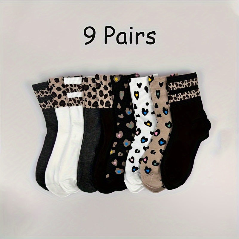 

9 paires de chaussettes imprimées cœur et léopard, chaussettes mi-hautes élégantes et confortables pour l'automne et l'hiver, bas et bonneterie pour femmes